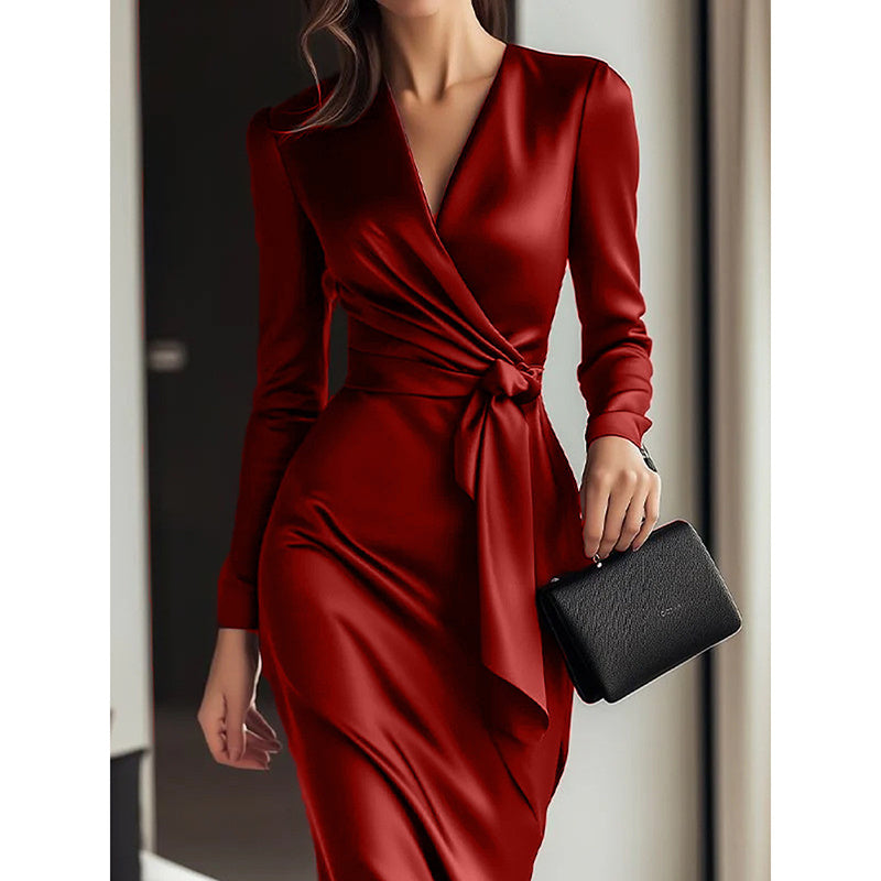 Women’s Elegant Burgundy Satin V-Neck Midi Dress with Belted Waist