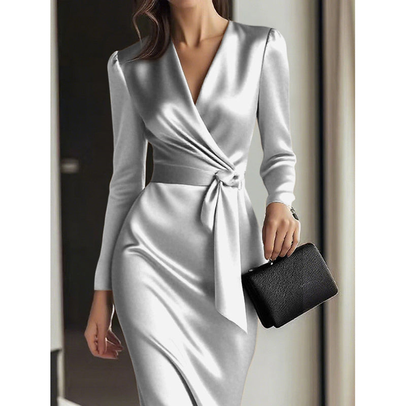 Women’s Elegant Burgundy Satin V-Neck Midi Dress with Belted Waist