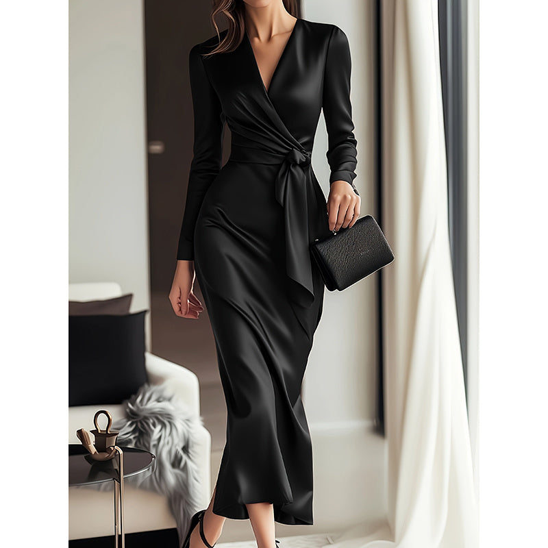 Women’s Elegant Burgundy Satin V-Neck Midi Dress with Belted Waist
