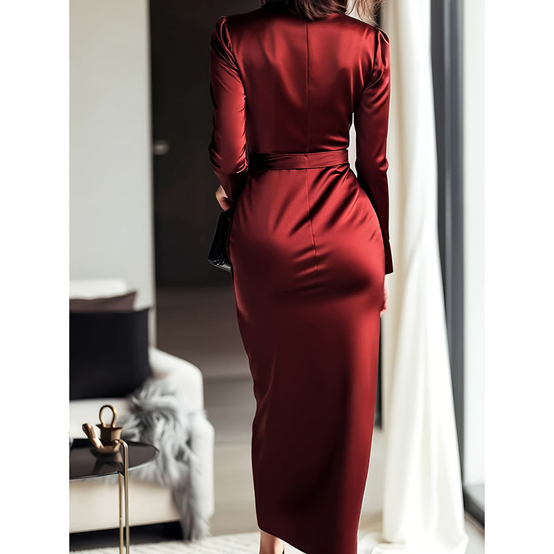 Women’s Elegant Burgundy Satin V-Neck Midi Dress with Belted Waist