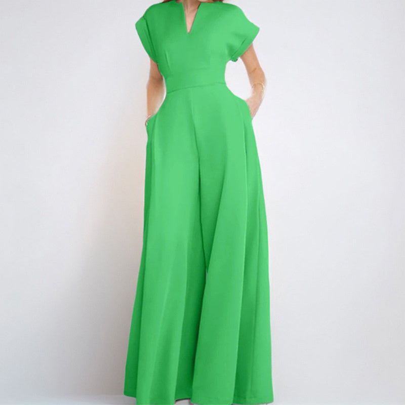 Women's V-Neck Solid Color Short Sleeve Jumpsuit