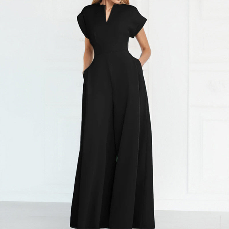 Women's V-Neck Solid Color Short Sleeve Jumpsuit