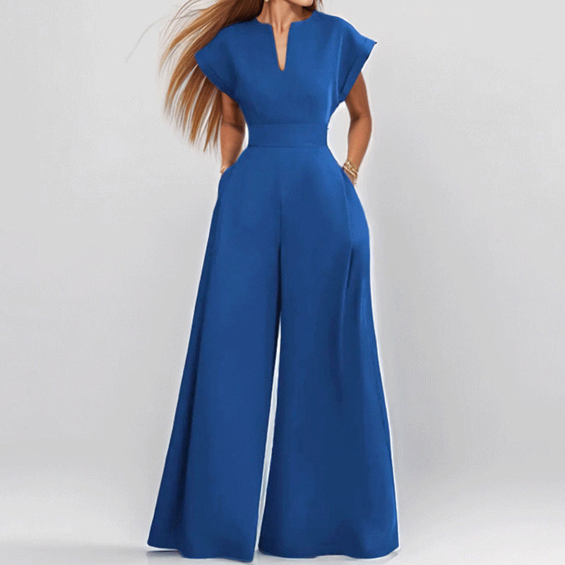 Women's V-Neck Solid Color Short Sleeve Jumpsuit
