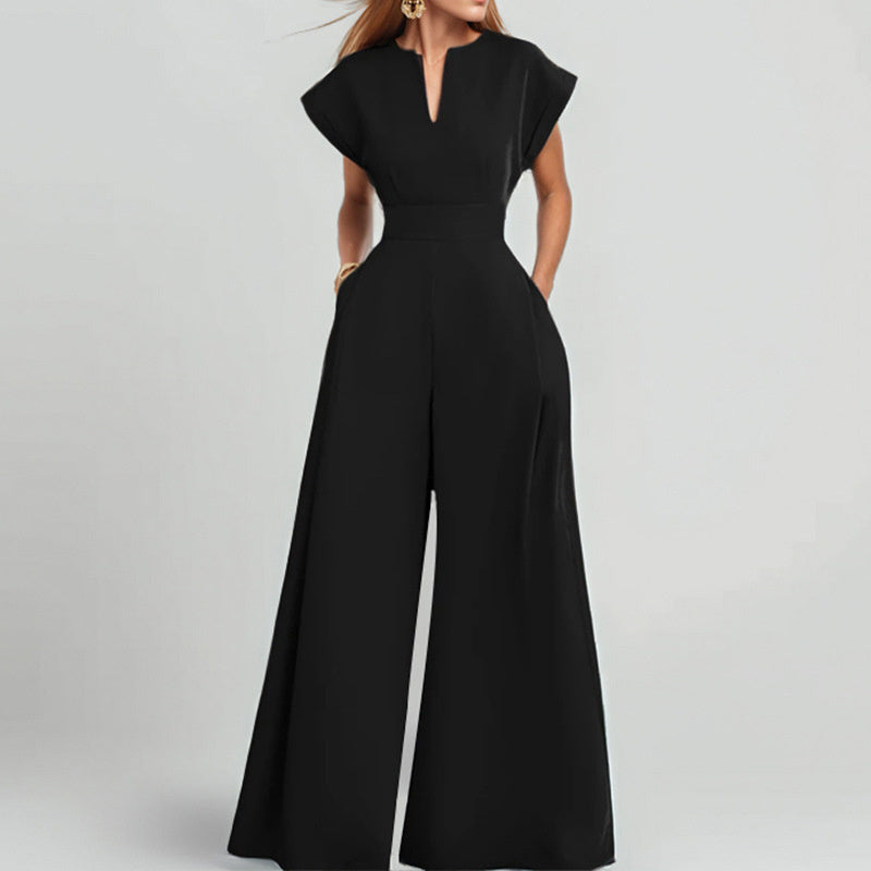 Women's V-Neck Solid Color Short Sleeve Jumpsuit