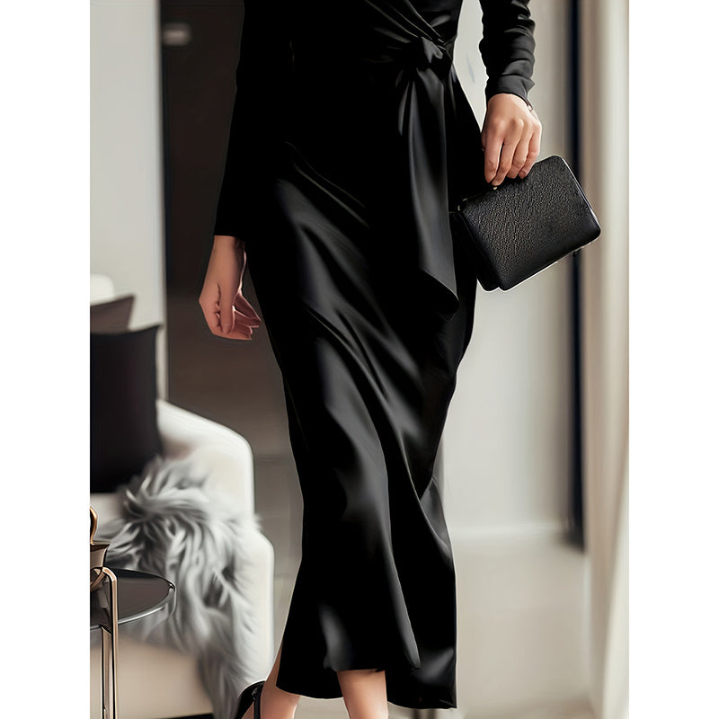 Women’s Elegant Burgundy Satin V-Neck Midi Dress with Belted Waist