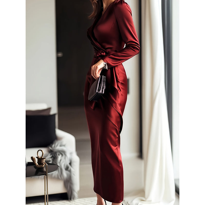 Women’s Elegant Burgundy Satin V-Neck Midi Dress with Belted Waist