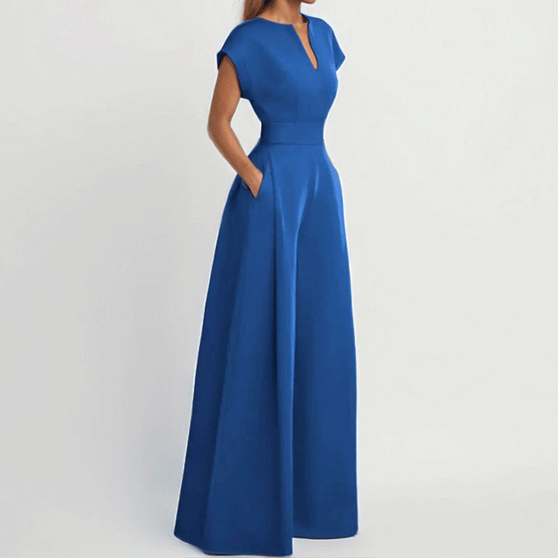 Women's V-Neck Solid Color Short Sleeve Jumpsuit