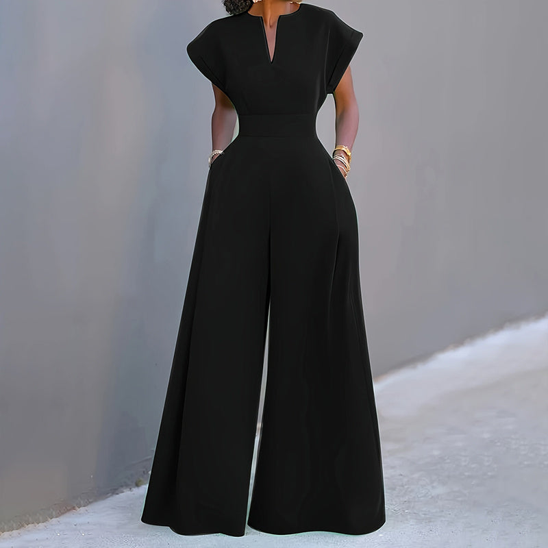 Women's V-Neck Solid Color Short Sleeve Jumpsuit