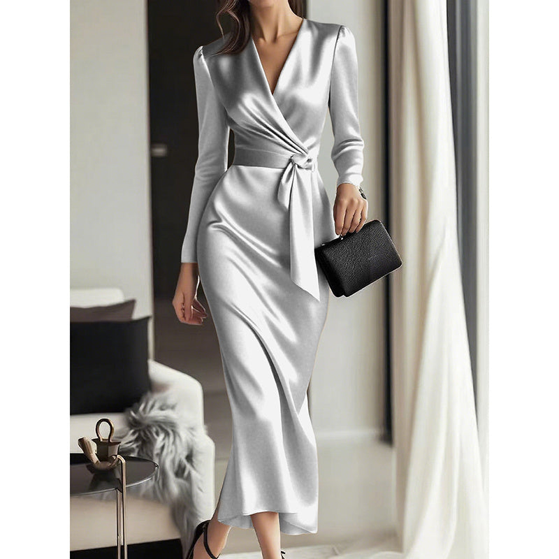 Women’s Elegant Burgundy Satin V-Neck Midi Dress with Belted Waist