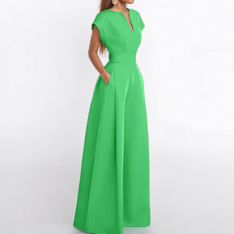 Women's V-Neck Solid Color Short Sleeve Jumpsuit