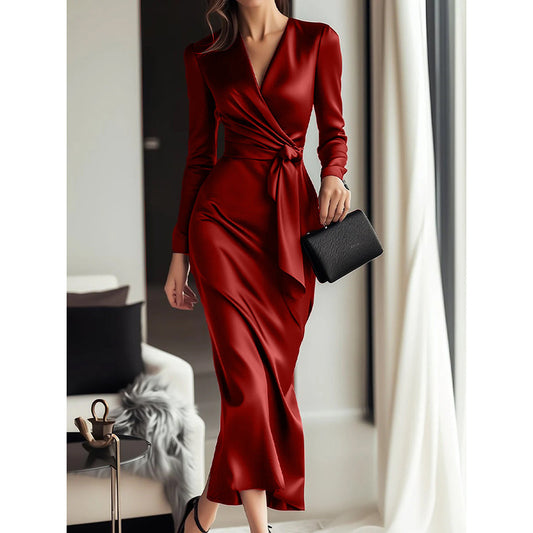 Women’s Elegant Burgundy Satin V-Neck Midi Dress with Belted Waist