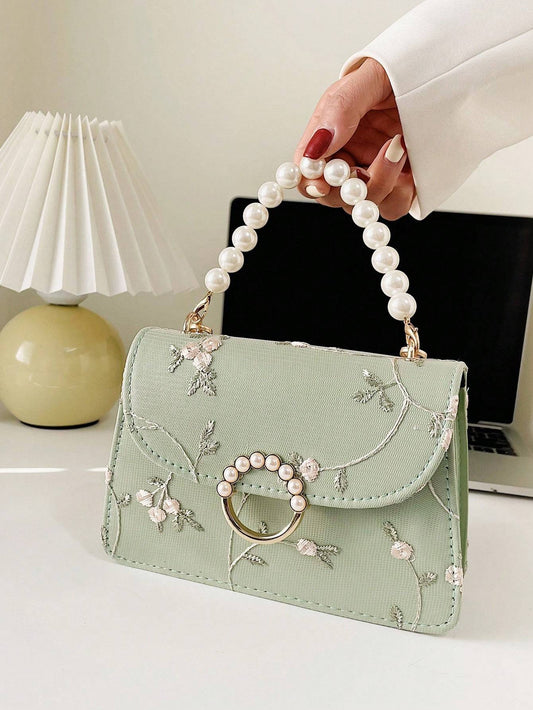 Women Fashionable Pearl Hand-Held Small Square Bag