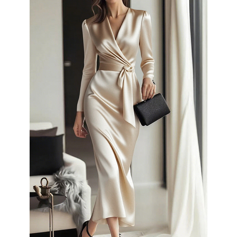 Women’s Elegant Burgundy Satin V-Neck Midi Dress with Belted Waist